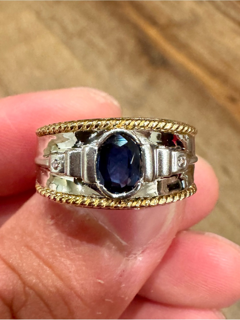 14K White and Yellow Gold Blue Sapphire Statement Ring